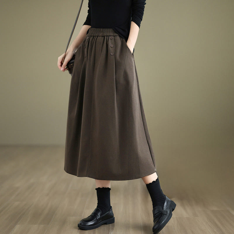 Buddha Stones Women's Winter Pure Color Cotton 7-8 Length Elastic Waistband Skirt With Pockets - SaddleBrown - US8-10，UK/AU12-14，EU40-42 (2XL) - image 1