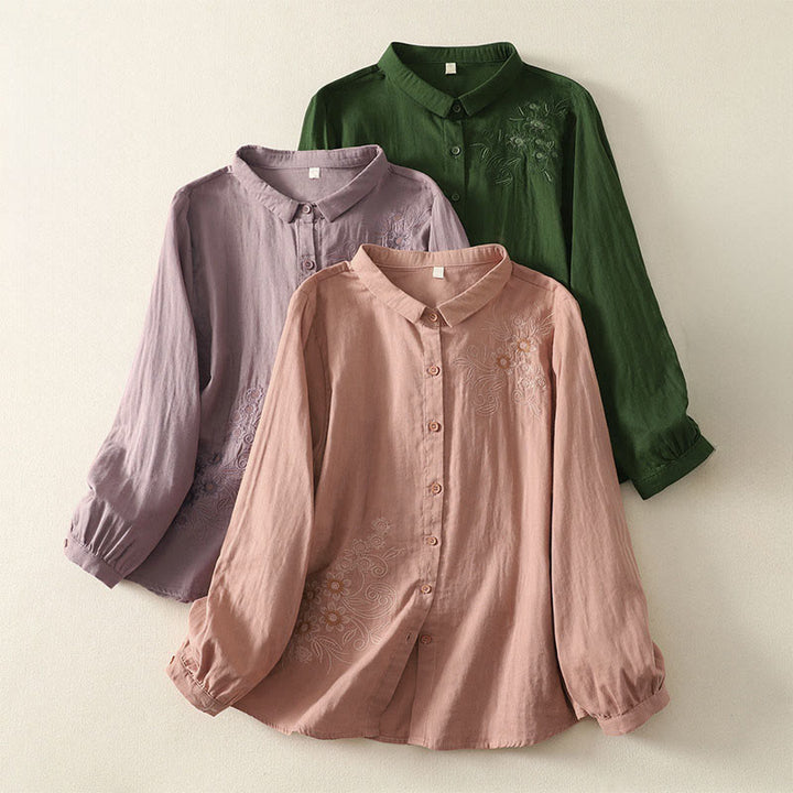 Buddha Stones Embroiderd Flower Vine Pattern Long Sleeve Women's Lapel Shirt - image 0