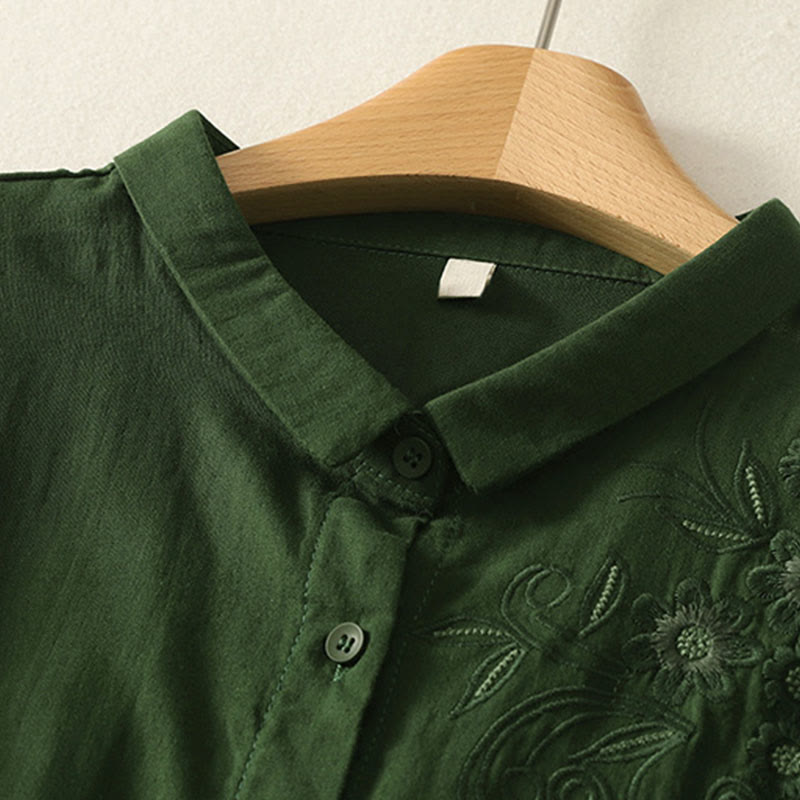 Buddha Stones Embroiderd Flower Vine Pattern Long Sleeve Women's Lapel Shirt - image 2