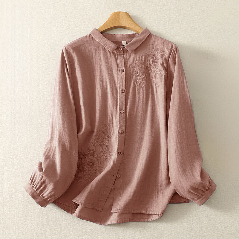 Buddha Stones Embroidered Flower Vine Pattern Long Sleeve Women's Lapel Shirt - DarkSalmon - US8-10，UK/AU12-14，EU40-42 (2XL) - image 7