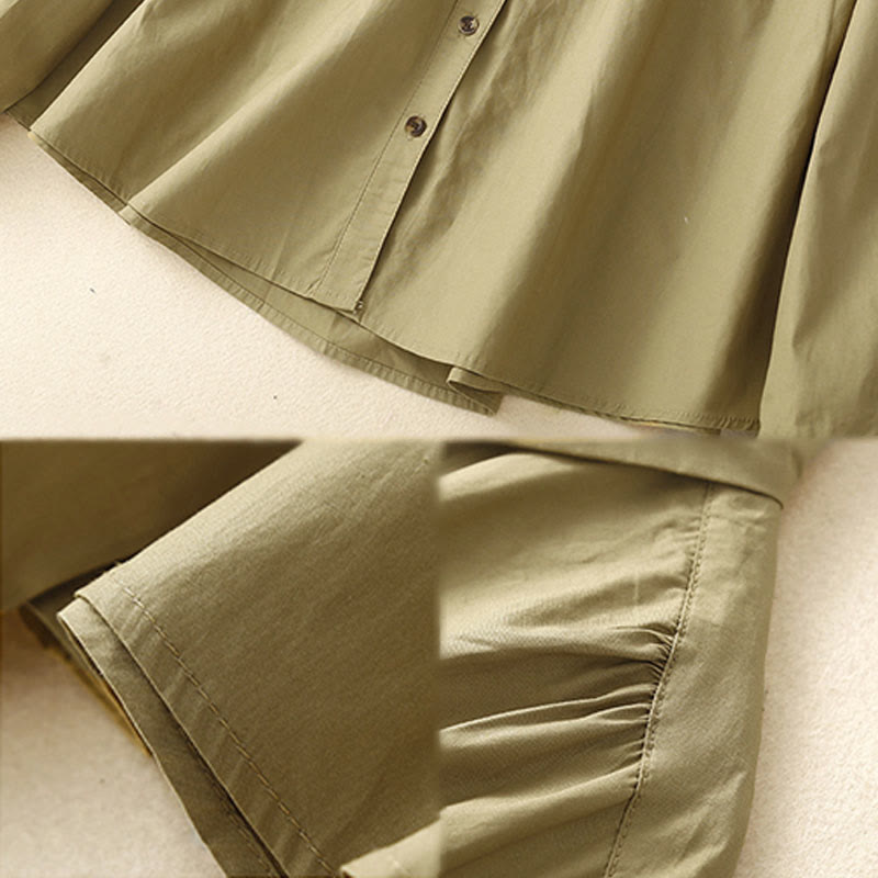 Buddha Stones Plain Double-breasted Long Sleeve Women's Cotton Lapel Shirt - image 16