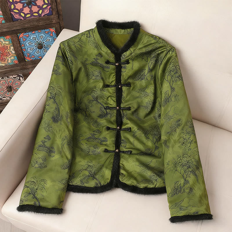 Buddha Stones Frog-button Flower Tree Pattern Women's Long Sleeve Thickened Jacket  - DarkGreen - US12，UK/AU16，EU44(4XL) - image 11