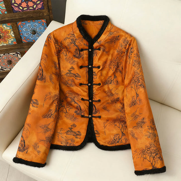 Buddha Stones Frog-button Flower Tree Pattern Women's Long Sleeve Thickened Jacket  - DarkOrange - US12，UK/AU16，EU44(4XL) - image 1