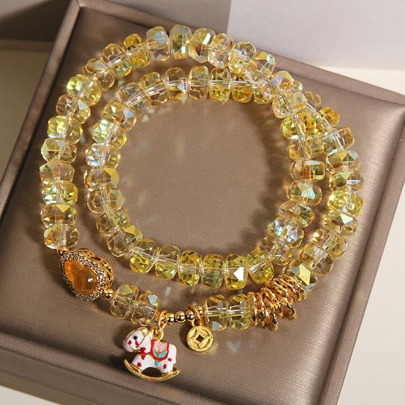 Buddha Stones Chinese Zodiac Year Of The Horse Crystal Glass Copper Coin Gourd Double Wrap Bracelet - image 2