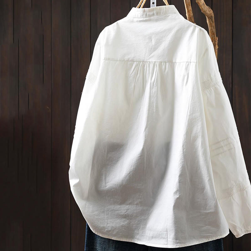 Buddha Stones Fall White Accordion Pleat Design Buttons Women's Cotton Long Sleeve Shirt - image 1