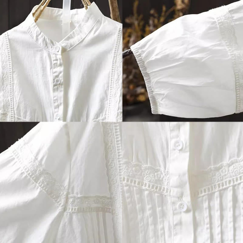 Buddha Stones Fall White Accordion Pleat Design Buttons Women's Cotton Long Sleeve Shirt - image 11