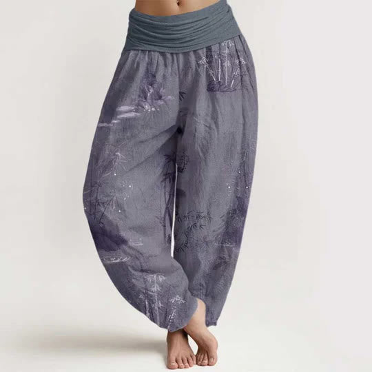 Buddha Stones Cotton Casual Bamboo Rock Ink Painting Women's Elastic Waist Harem Pants - SlateGray - US22，UK/AU26，EU54 (6XL) - image 0