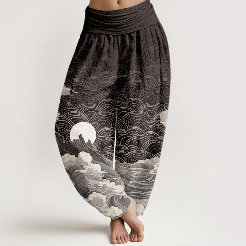 Buddha Stones Cotton Casual Wave Moon Mountain Pattern Women's Elastic Waist Harem Pants - Black - US22，UK/AU26，EU54 (6XL) - image 0