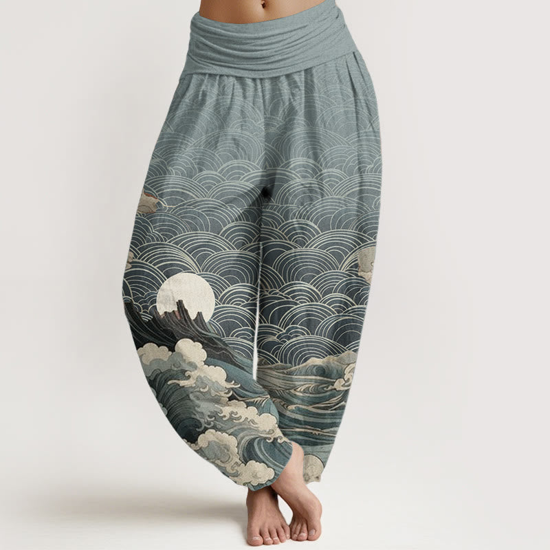 Buddha Stones Cotton Casual Wave Moon Mountain Pattern Women's Elastic Waist Harem Pants - SkyBlue - US22，UK/AU26，EU54 (6XL) - image 4
