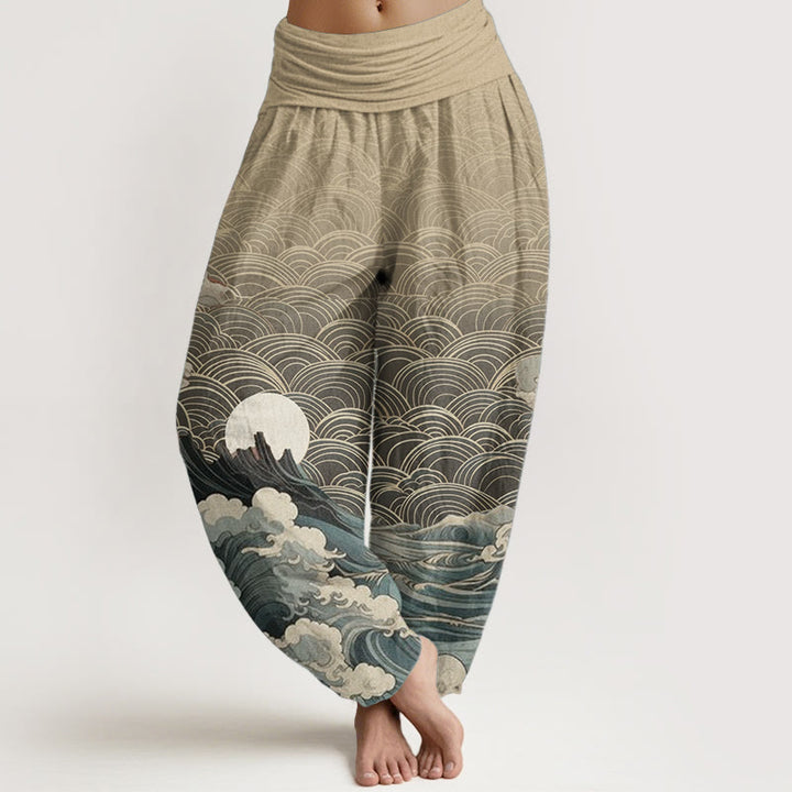Buddha Stones Cotton Casual Wave Moon Mountain Pattern Women's Elastic Waist Harem Pants - Wheat - US22，UK/AU26，EU54 (6XL) - image 7