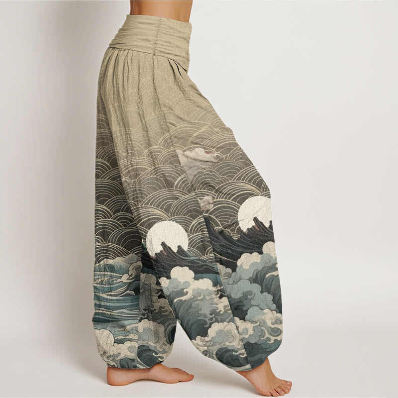 Buddha Stones Cotton Casual Wave Moon Mountain Pattern Women's Elastic Waist Harem Pants - image 9