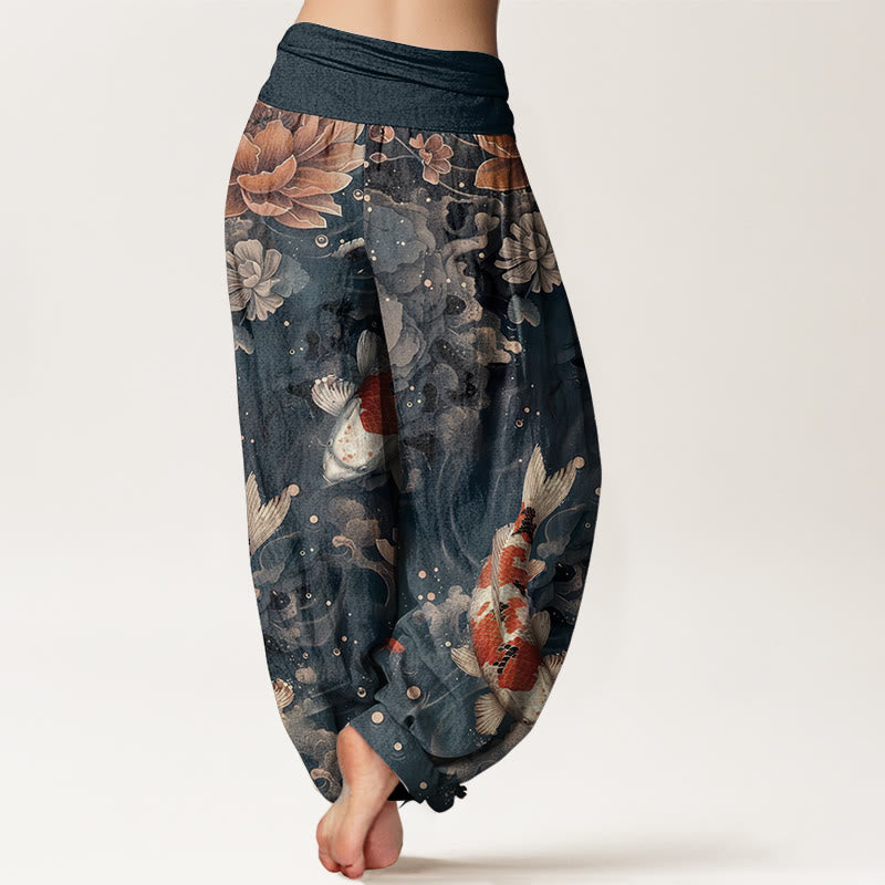 Buddha Stones Cotton Colorful Koi Fish Lotus Flowers Design Women's Elastic Waist Harem Pants - image 8