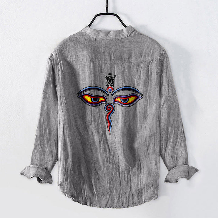 Buddha Stones Om Symbol Eyes Pattern Half Buttons Men's Cotton Linen Long Sleeve Shirt - image 2