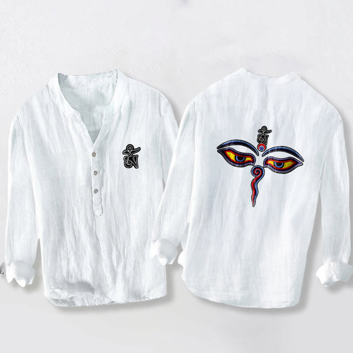 Buddha Stones Om Symbol Eyes Pattern Half Buttons Men's Cotton Linen Long Sleeve Shirt - White - US/UK/AU50，EU60 (5XL) - image 6