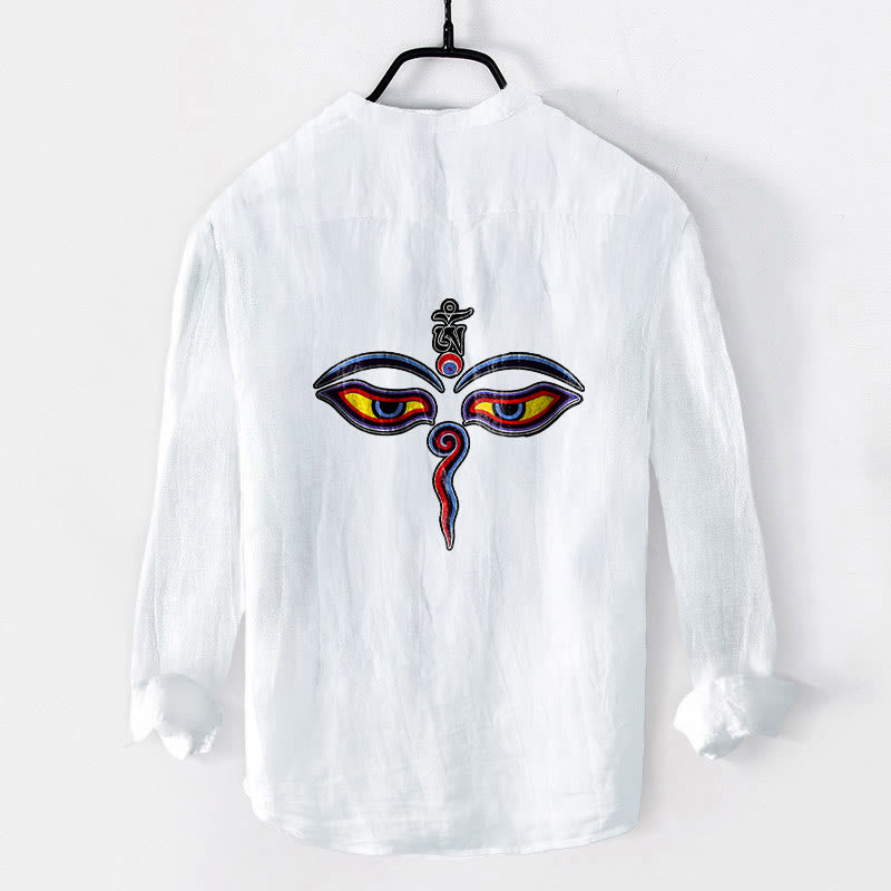 Buddha Stones Om Symbol Eyes Pattern Half Buttons Men's Cotton Linen Long Sleeve Shirt - image 8