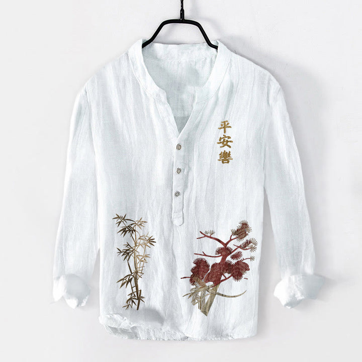 Buddha Stones Chinese Characters Pine Bamboo Half Buttons Men's Cotton Linen Long Sleeve Shirt - White - US/UK/AU50，EU60 (5XL) - image 0