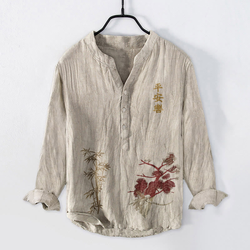 Buddha Stones Chinese Characters Pine Bamboo Half Buttons Men's Cotton Linen Long Sleeve Shirt - Linen - US/UK/AU50，EU60 (5XL) - image 3