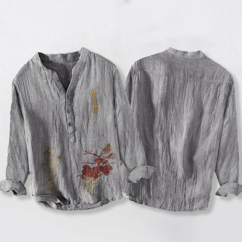 Buddha Stones Chinese Characters Pine Bamboo Half Buttons Men's Cotton Linen Long Sleeve Shirt - image 8