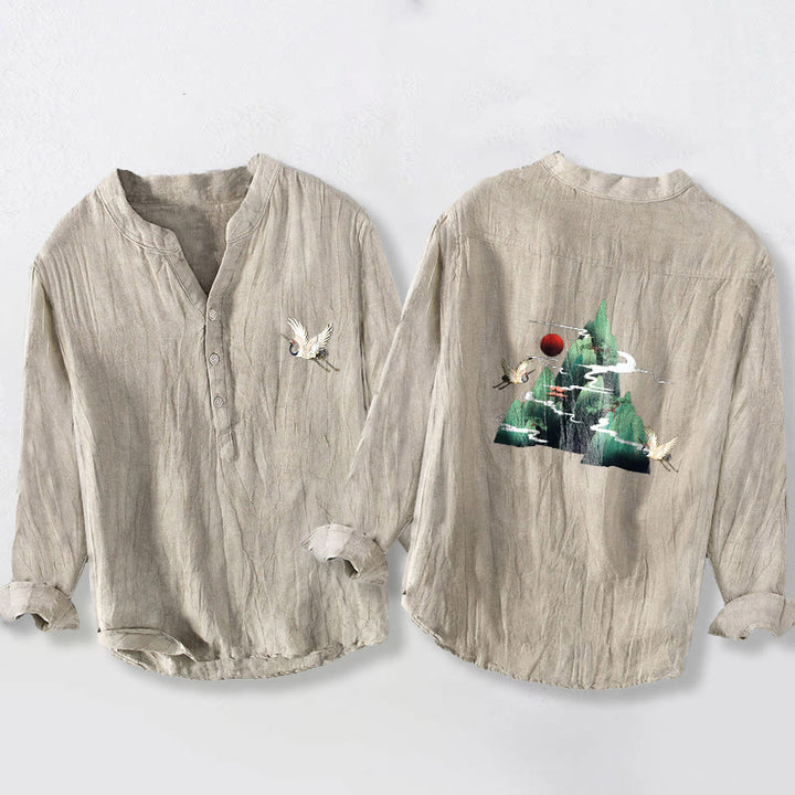 Buddha Stones Red Sun Mountain Crane Pattern Half Buttons Men's Cotton Linen Long Sleeve Shirt - Linen - US/UK/AU50，EU60 (5XL) - image 3