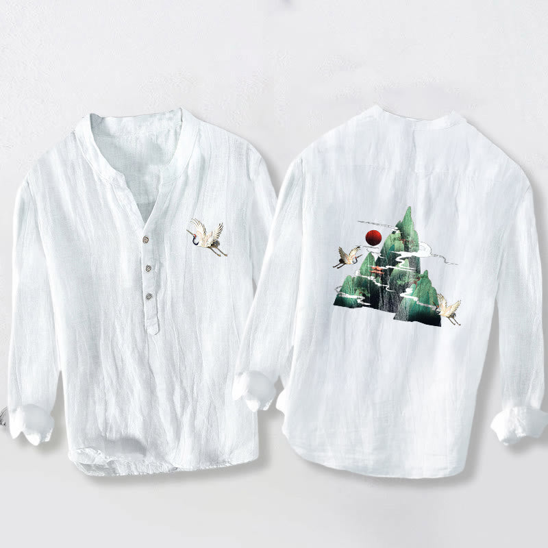 Buddha Stones Red Sun Mountain Crane Pattern Half Buttons Men's Cotton Linen Long Sleeve Shirt - White - US/UK/AU50，EU60 (5XL) - image 6