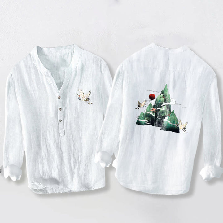 Buddha Stones Red Sun Mountain Crane Pattern Half Buttons Men's Cotton Linen Long Sleeve Shirt - White - US/UK/AU50，EU60 (5XL) - image 6