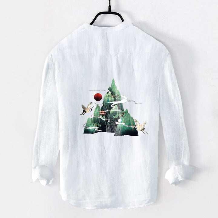 Buddha Stones Red Sun Mountain Crane Pattern Half Buttons Men's Cotton Linen Long Sleeve Shirt - image 8