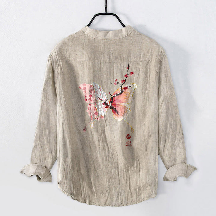 Buddha Stones Butterfly Plum Bossom Pattern Half Buttons Men's Cotton Linen Long Sleeve Shirt - image 5