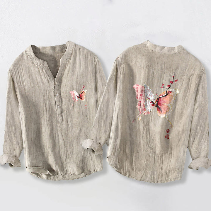 Buddha Stones Butterfly Plum Bossom Pattern Half Buttons Men's Cotton Linen Long Sleeve Shirt - Linen - US/UK/AU50，EU60 (5XL) - image 3