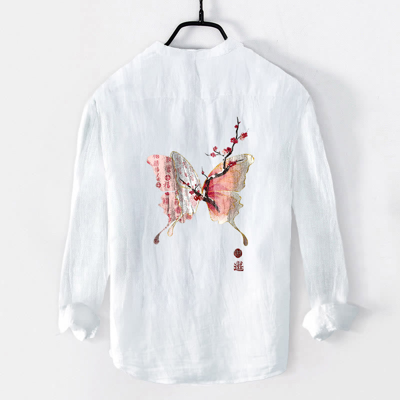 Buddha Stones Butterfly Plum Bossom Pattern Half Buttons Men's Cotton Linen Long Sleeve Shirt - image 8