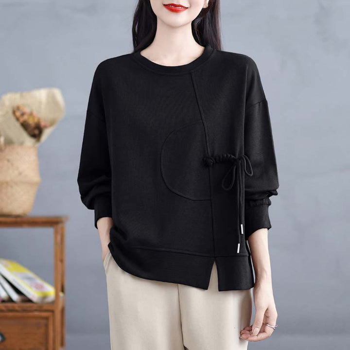 Buddha Stones Plain Frog-button Design Crew Neck Cotton Women's Long Sleeve Sweatshirt - Black - US12，UK/AU16，EU44 (3XL) - image 16