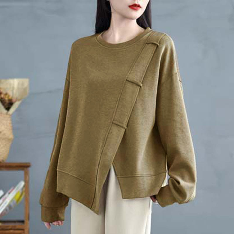 Buddha Stones Fall Solid Color Asymmetrical Design Crew Neck Long Sleeve Women's Cotton Sweatshirt - image 16