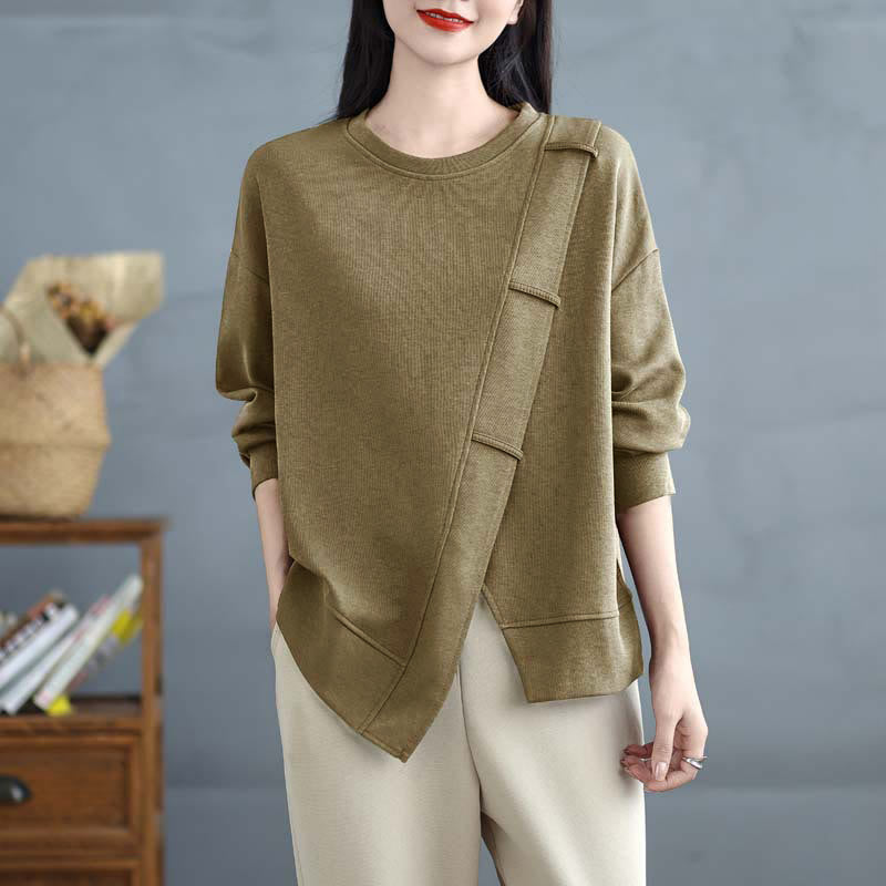 Buddha Stones Fall Solid Color Asymmetrical Design Crew Neck Long Sleeve Women's Cotton Sweatshirt - image 17