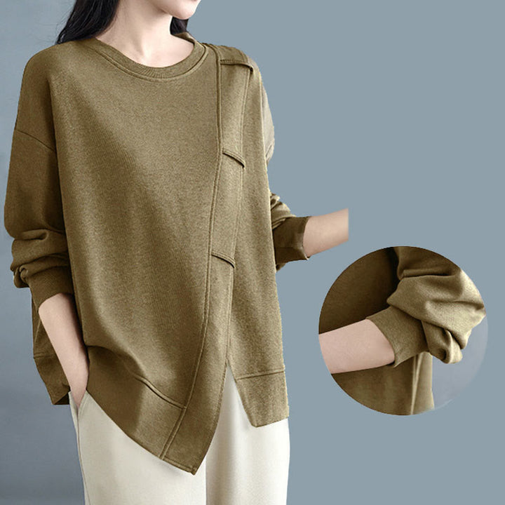 Buddha Stones Fall Solid Color Asymmetrical Design Crew Neck Long Sleeve Women's Cotton Sweatshirt - image 19