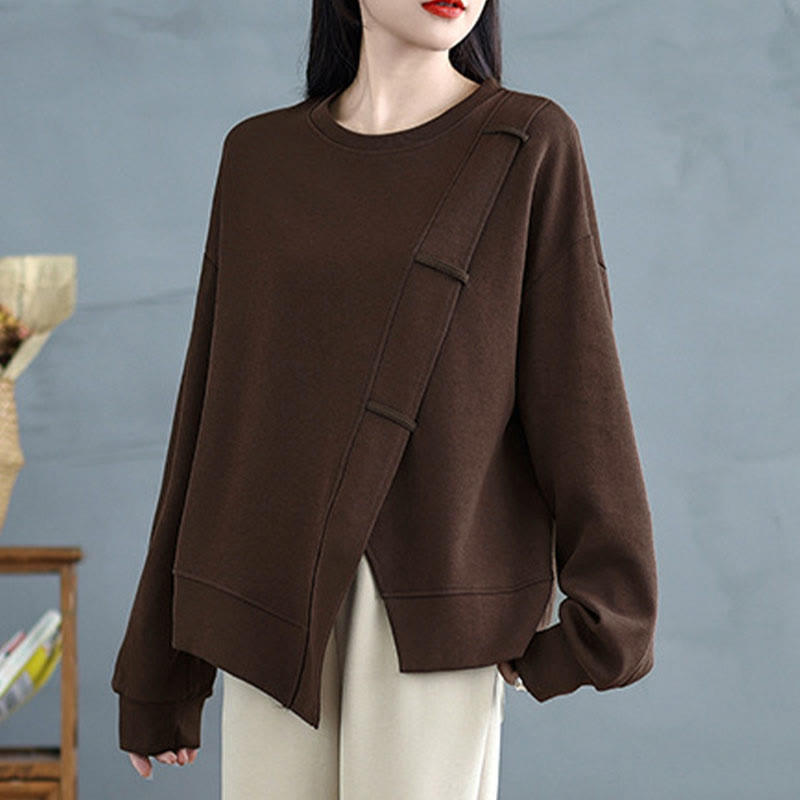 Buddha Stones Fall Solid Color Asymmetrical Design Crew Neck Long Sleeve Women's Cotton Sweatshirt - image 1