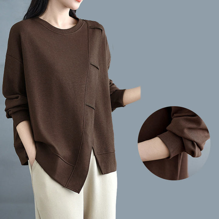 Buddha Stones Fall Solid Color Asymmetrical Design Crew Neck Long Sleeve Women's Cotton Sweatshirt - image 7