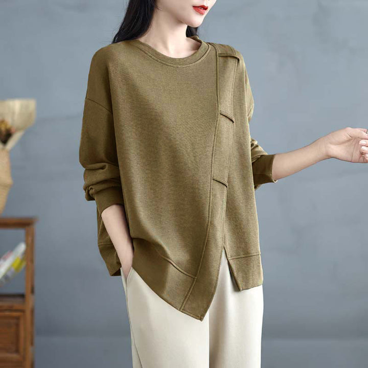 Buddha Stones Fall Solid Color Asymmetrical Design Crew Neck Long Sleeve Women's Cotton Sweatshirt - DarkKhaki - US12，UK/AU16，EU44 (3XL) - image 15