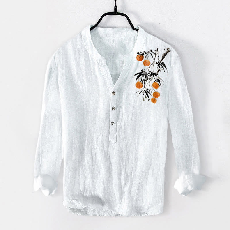 Buddha Stones Elegant Orange Tree Pattern Half Buttons Men's Cotton Linen Long Sleeve Shirt - White - US/UK/AU50，EU60 (5XL) - image 3