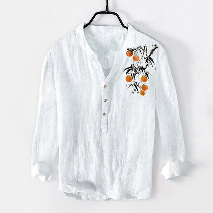 Buddha Stones Elegant Orange Tree Pattern Half Buttons Men's Cotton Linen Long Sleeve Shirt - White - US/UK/AU50，EU60 (5XL) - image 3