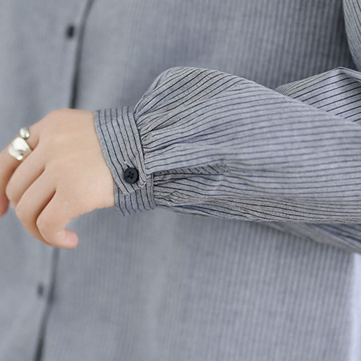 Buddha Stones Fall Plaid Striped Pattern Ruffled Hem Buttons Women's Cotton Long Sleeve Shirt - image 18