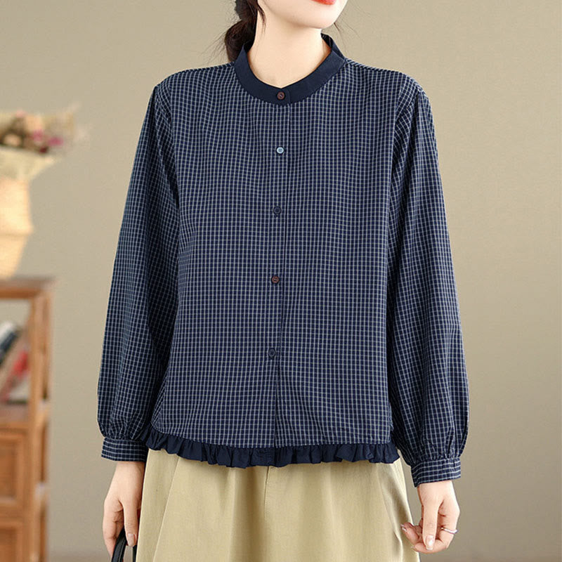 Buddha Stones Fall Plaid Striped Pattern Ruffled Hem Buttons Women's Cotton Long Sleeve Shirt - image 3