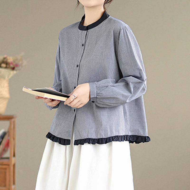 Buddha Stones Fall Plaid Striped Pattern Ruffled Hem Buttons Women's Cotton Long Sleeve Shirt - image 12