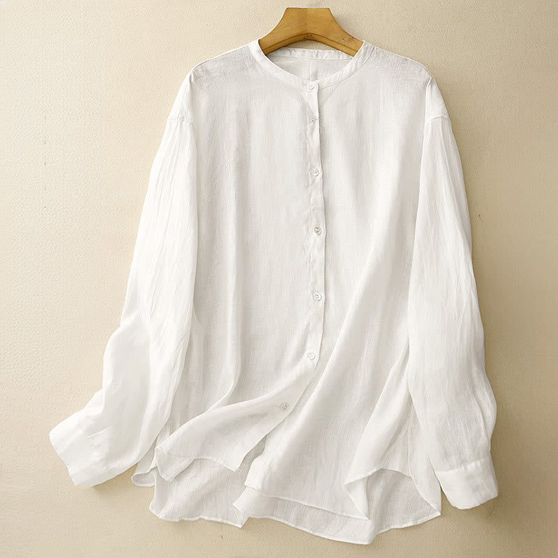 Buddha Stones Solid Color Crew Neck Buttons Design Women's Cotton Long Sleeve Shirt - White - US8-10，UK/AU12-14，EU40-42 (2XL) - image 7