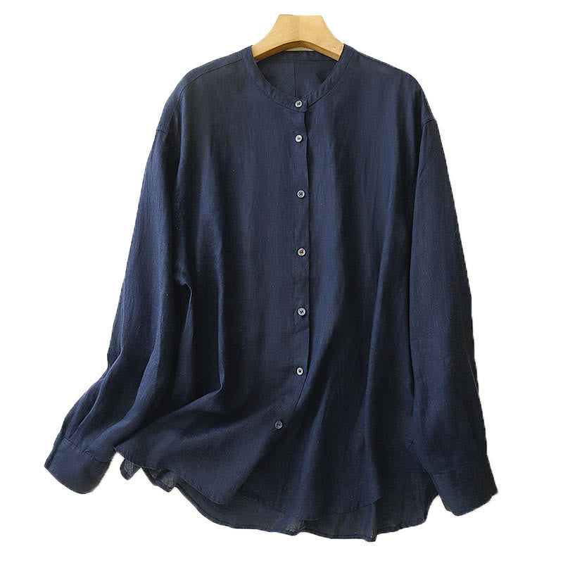 Buddha Stones Solid Color Crew Neck Buttons Design Women's Cotton Long Sleeve Shirt - image 6