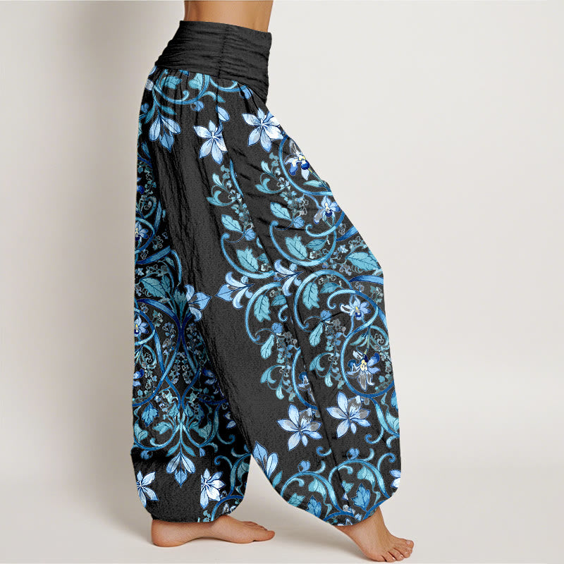 Buddha Stones Cotton Symmetrical Flower Vines Leaves Pattern Women's Elastic Waist Harem Pants - image 2