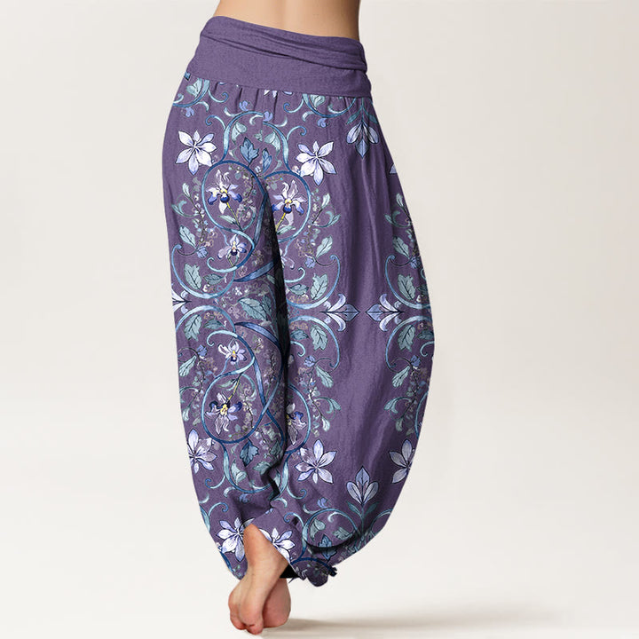 Buddha Stones Cotton Symmetrical Flower Vines Leaves Pattern Women's Elastic Waist Harem Pants - image 6