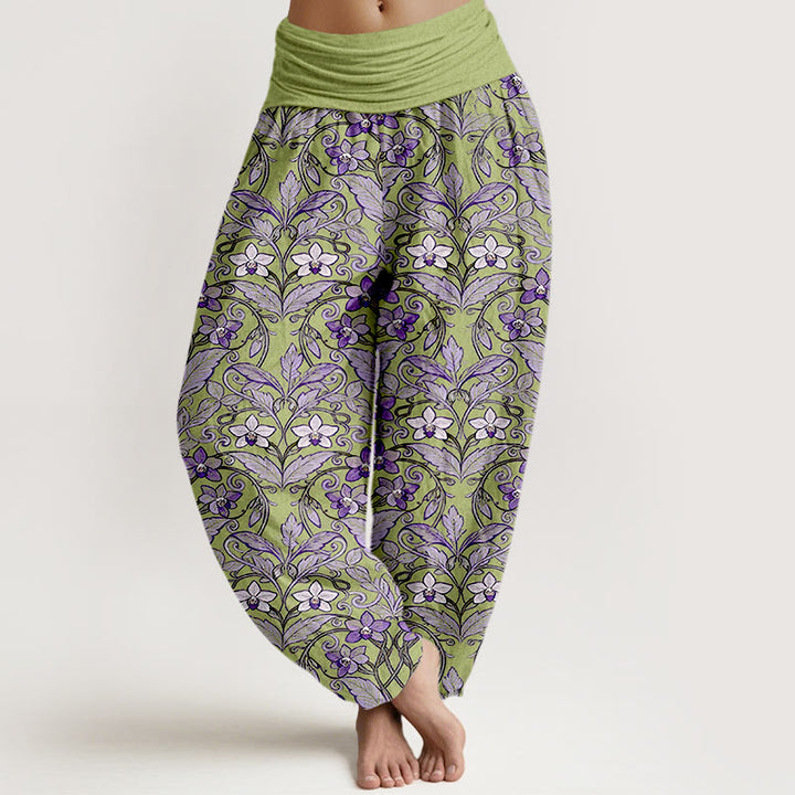 Buddha Stones Cotton Star Shaped Flowers Leaves Pattern Women's Elastic Waist Harem Pants - YellowGreen - US16，UK/AU20，EU48 (3XL) - image 0
