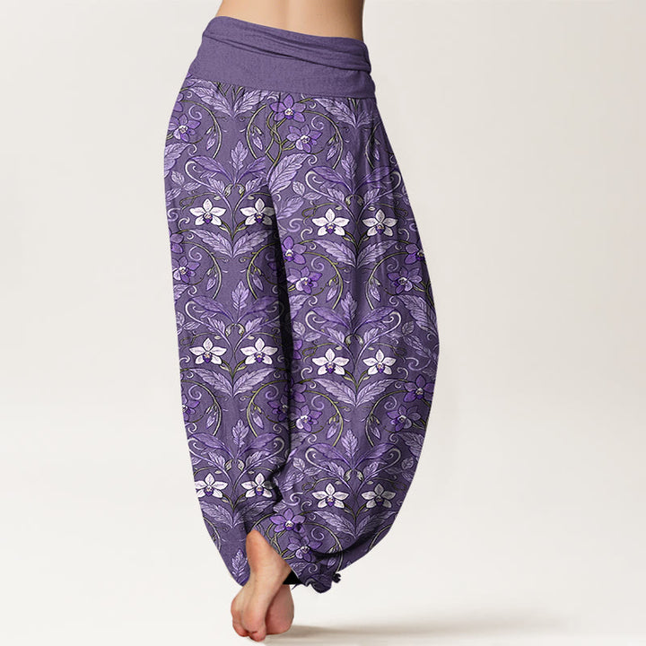Buddha Stones Cotton Star Shaped Flowers Leaves Pattern Women's Elastic Waist Harem Pants - image 12