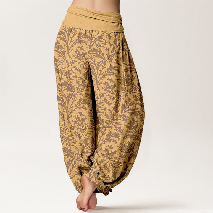Buddha Stones Cotton Flowers Buds Serrated Leaves Pattern Women's Elastic Waist Harem Pants - image 6