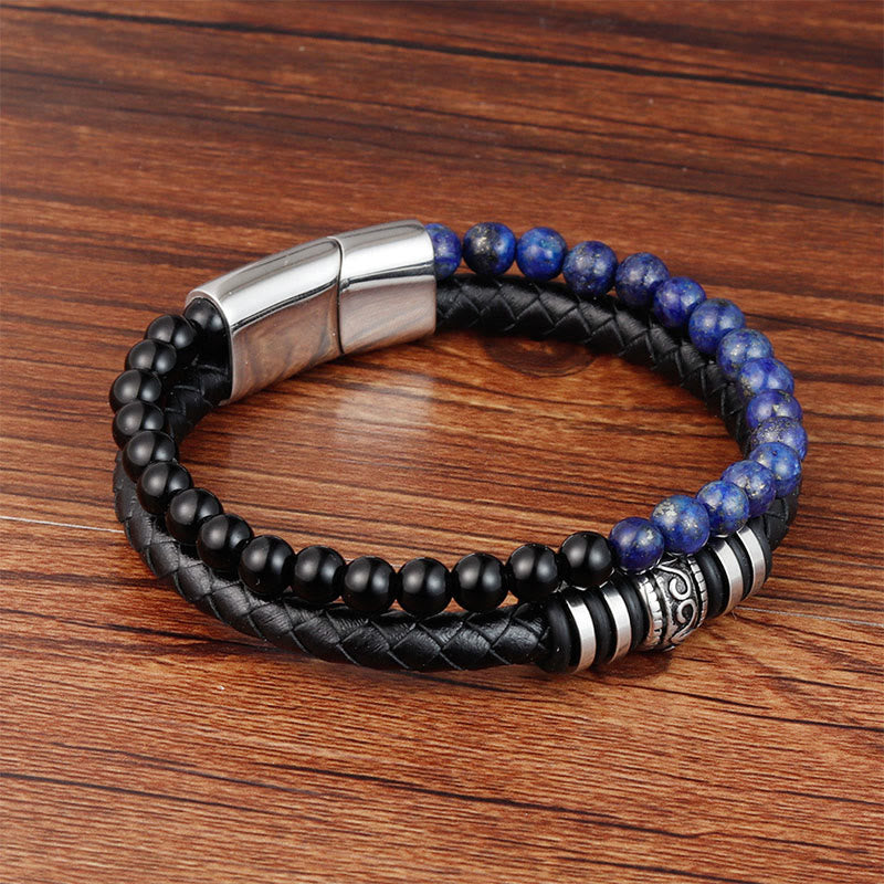 Buddha Stones Black Onyx Lazurite Titanium Steel Fortune Calm Leather Bracelet - image 1