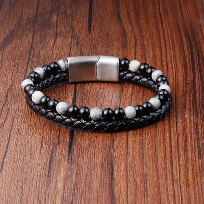 Buddha Stones Black Onyx Grey Jasper Titanium Steel Stability Leather Bracelet - image 1